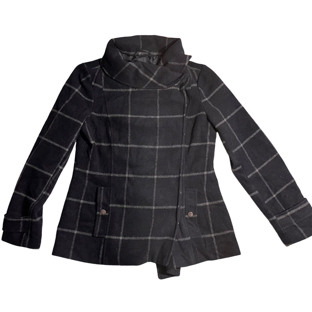Coffee Shop New York Women's Navy‎ Plaid Asymmetrical Collar Jacket Size Small